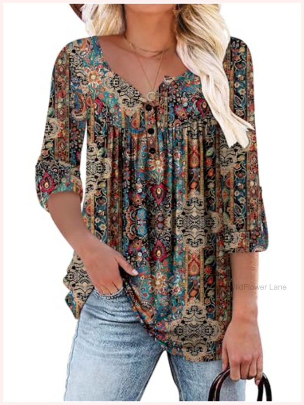 Womens Floral Tunic Top V Neck 3/4 Sleeve Ruffle Blouse